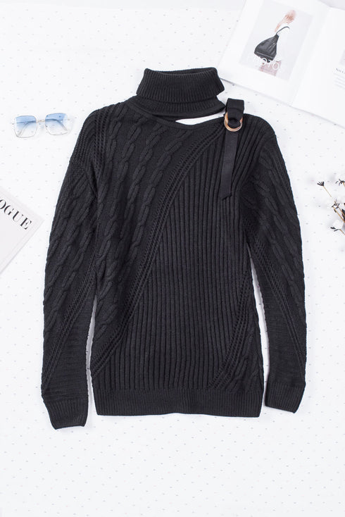 Strapped Cut Out Shoulder Turtleneck Sweater